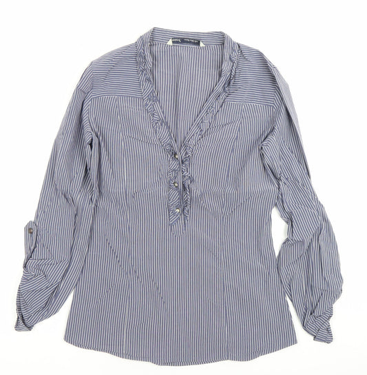 Next Women’s Blue Striped Ruffle Blouse Size 8 Long Sleeve