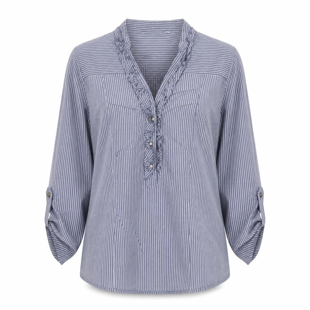 Next Women’s Blue Striped Ruffle Blouse Size 8 Long Sleeve