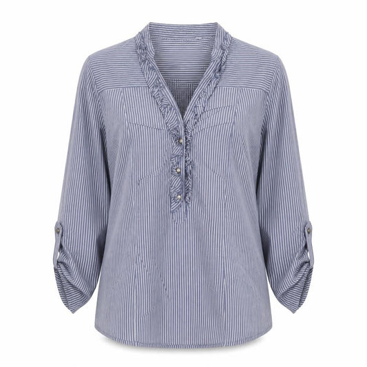 Next Women’s Blue Striped Ruffle Blouse Size 8 Long Sleeve