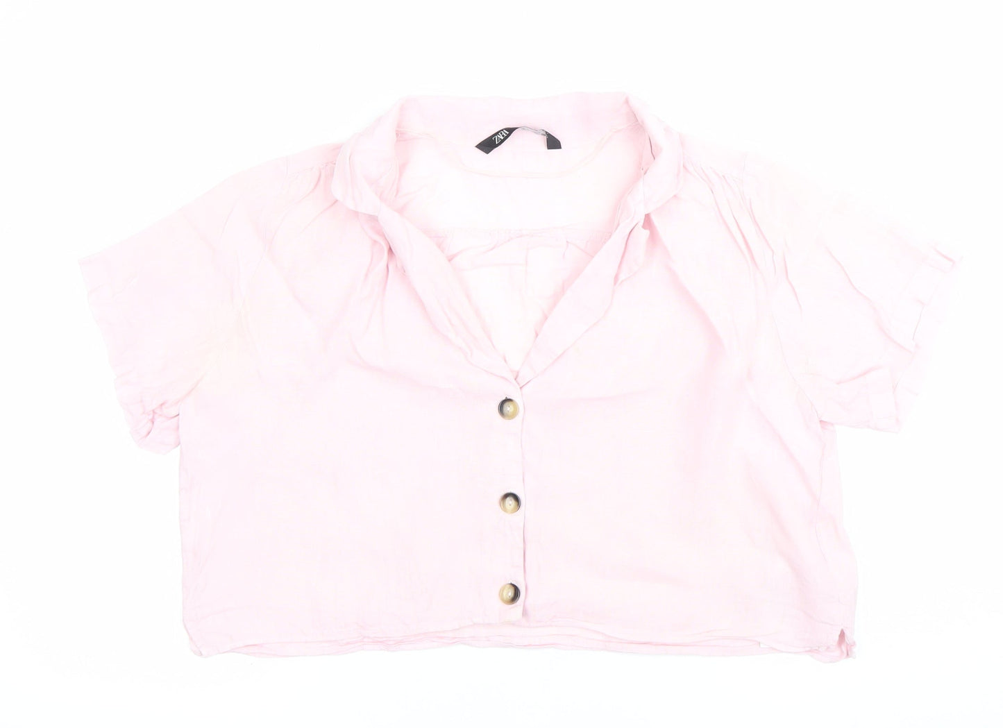 Zara Women Pink Linen Cropped Button-Up Shirt Size M
