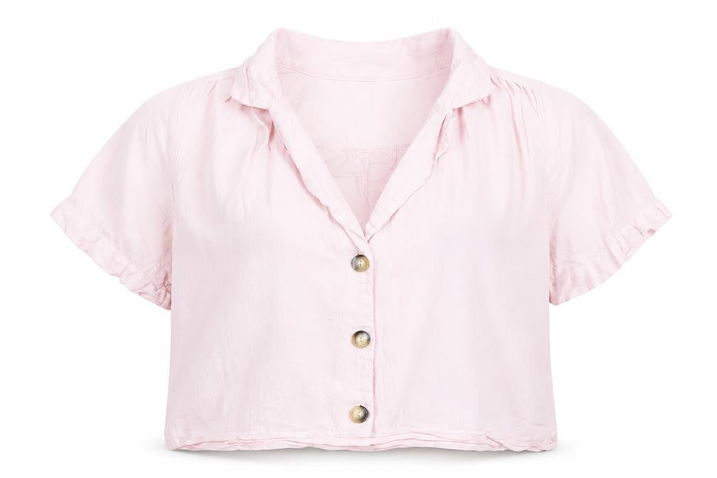 Zara Women Pink Linen Cropped Button-Up Shirt Size M