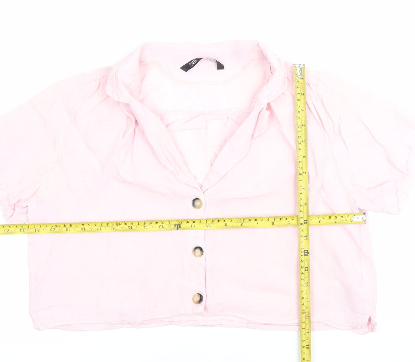 Zara Women Pink Linen Cropped Button-Up Shirt Size M