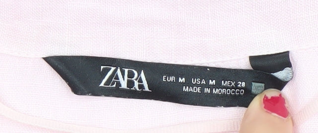 Zara Women Pink Linen Cropped Button-Up Shirt Size M