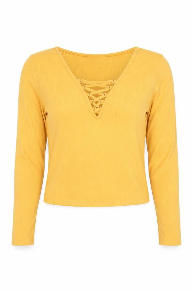 New Look Women’s Yellow Long Sleeve Cropped Lace Up V-Neck Top Size 18