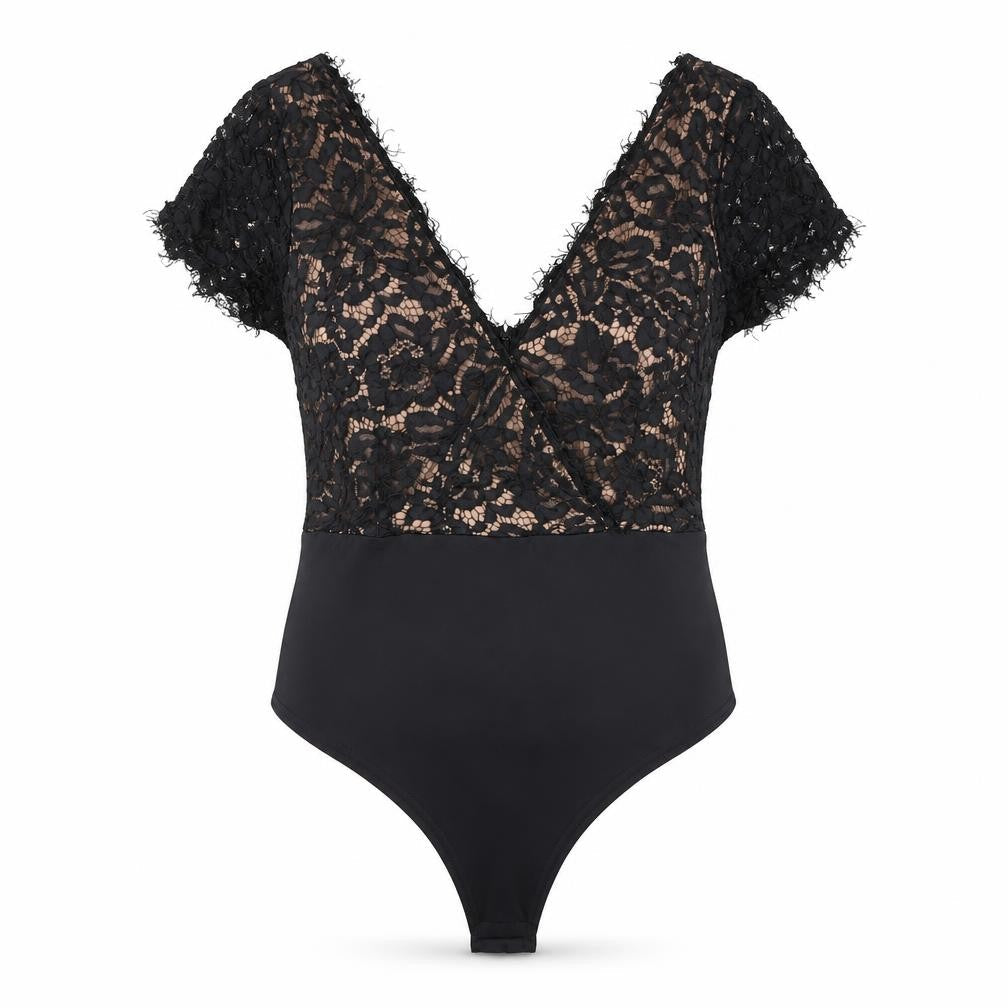 Lucy Wang Womens Black Lace V-Neck Bodysuit Size M Party Cocktail