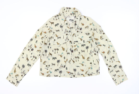 Dixie Womens Beige Animal Print Button-Up Shirt M Long Sleeve