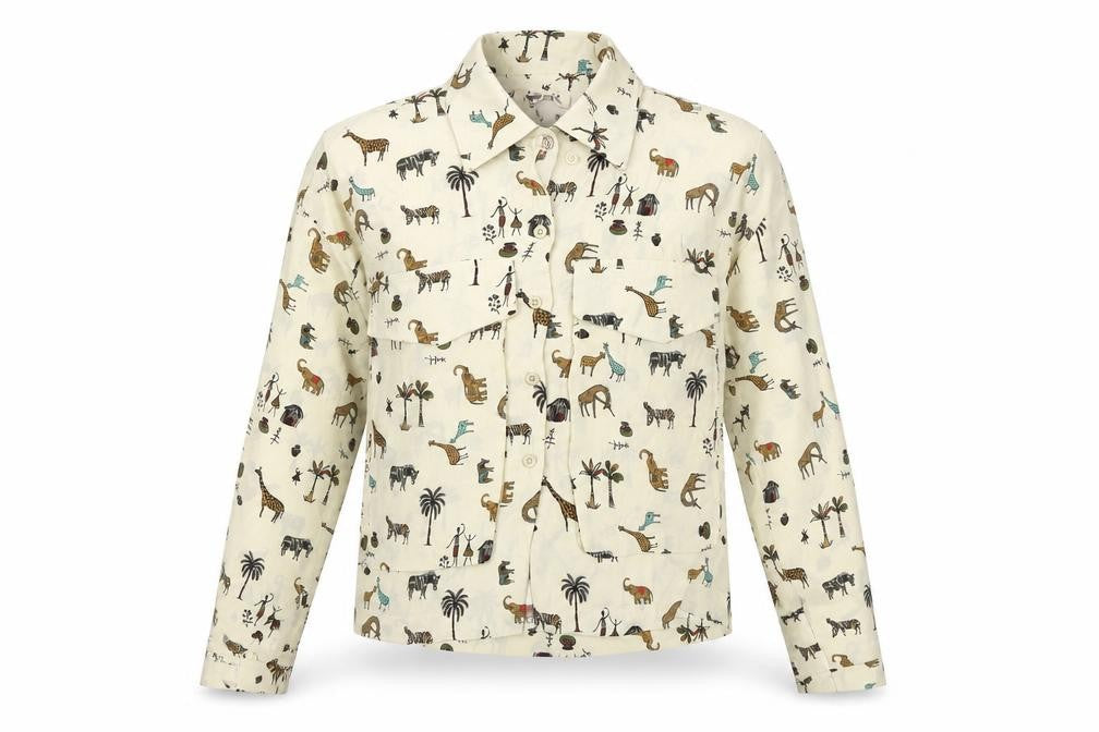 Dixie Womens Beige Animal Print Button-Up Shirt M Long Sleeve