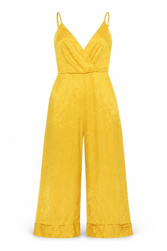 Front view of Missguided Women’s Yellow Wide-Leg Sleeveless Jumpsuit, size UK 10, V-Neck Polyester