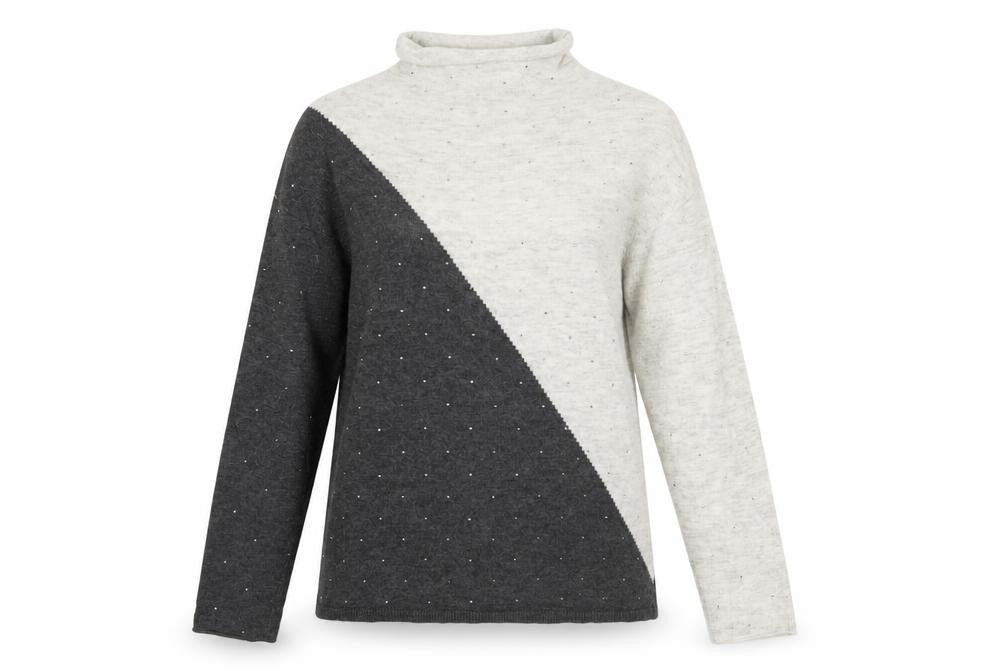 Monsoon Women’s Grey Ivory Roll Neck Wool Jumper S Beaded Knit
