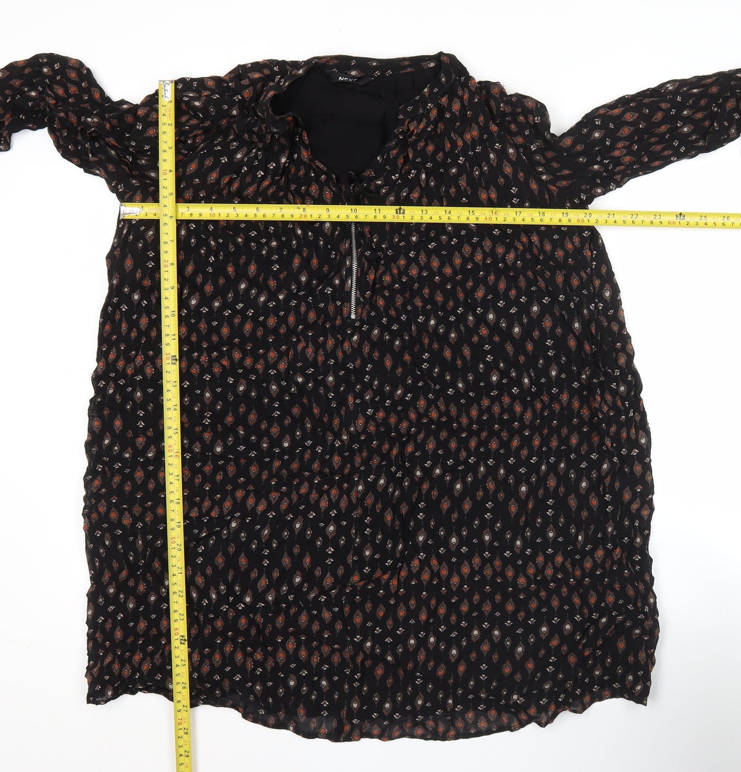 Next Women’s Black Geometric Tunic Blouse Size 8 Long Sleeve