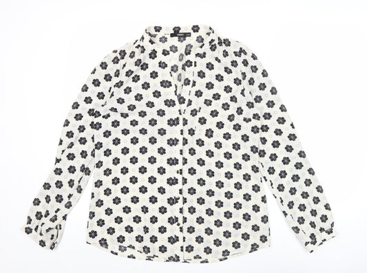 Oasis Women’s White Black Floral Blouse Size 12 Long Sleeve Tunic