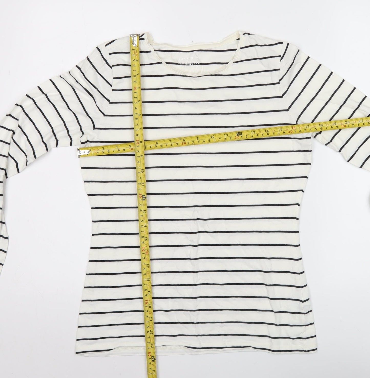 Lands' End Womens White Striped Long Sleeve Cotton T-Shirt M