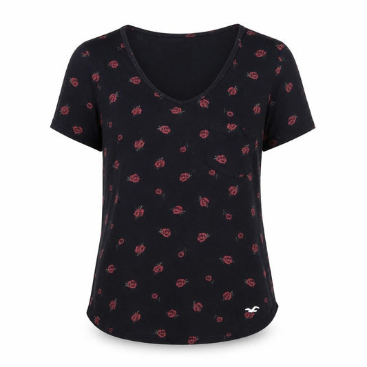 Hollister Womens Black XS Floral Viscose Stretch Scoop Neck T-Shirt