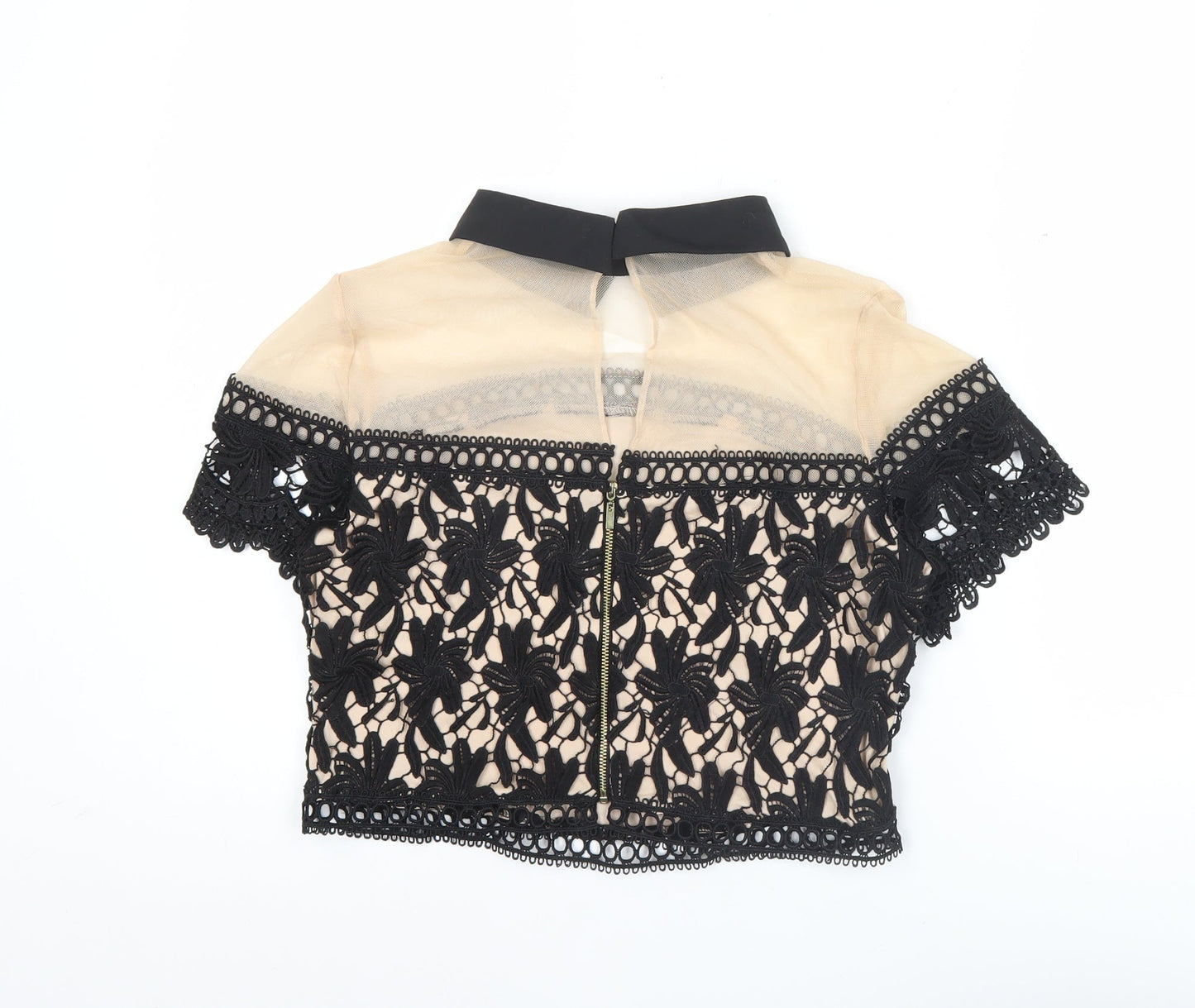 New Look Womens Black Beige Lace Cropped Blouse UK 14 Party Top
