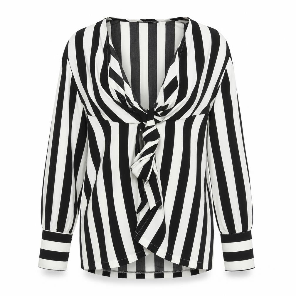 PRETTYLITTLETHING Womens Black White Striped Tie Blouse Size 8