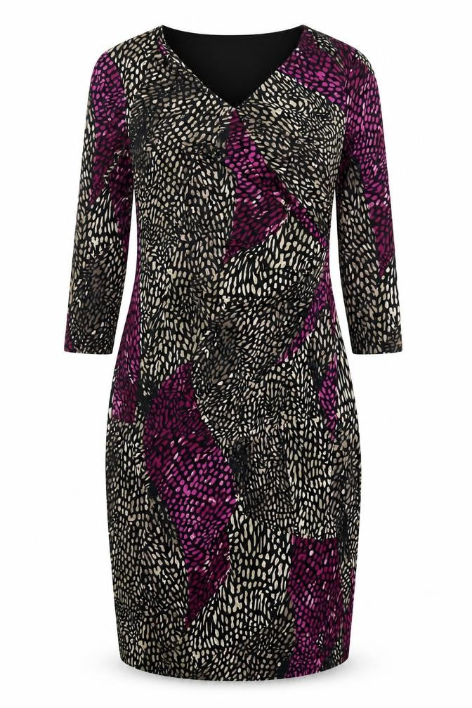 Country Casuals Women’s Black Purple Animal Print Sheath Dress M Long Sleeve V-Neck