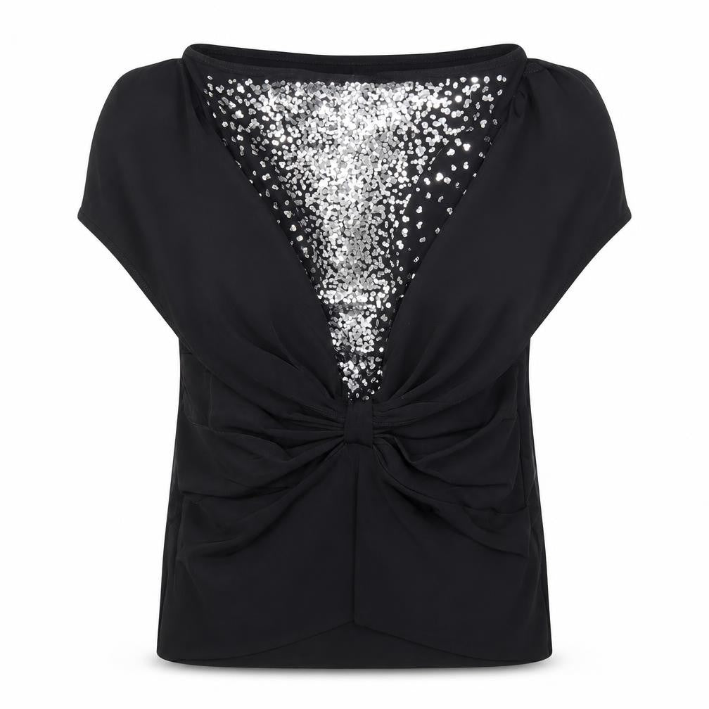 Me Womens Black Sequin Party Blouse Size S Slim Fit V-Neck