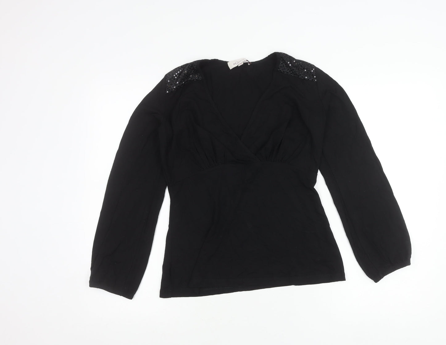 Bravissimo Womens Black Wrap Blouse Size 10 Long Sleeve Sequin Party Top