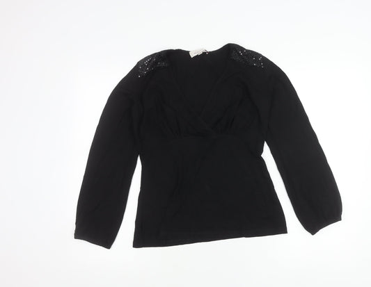 Bravissimo Womens Black Wrap Blouse Size 10 Long Sleeve Sequin Party Top