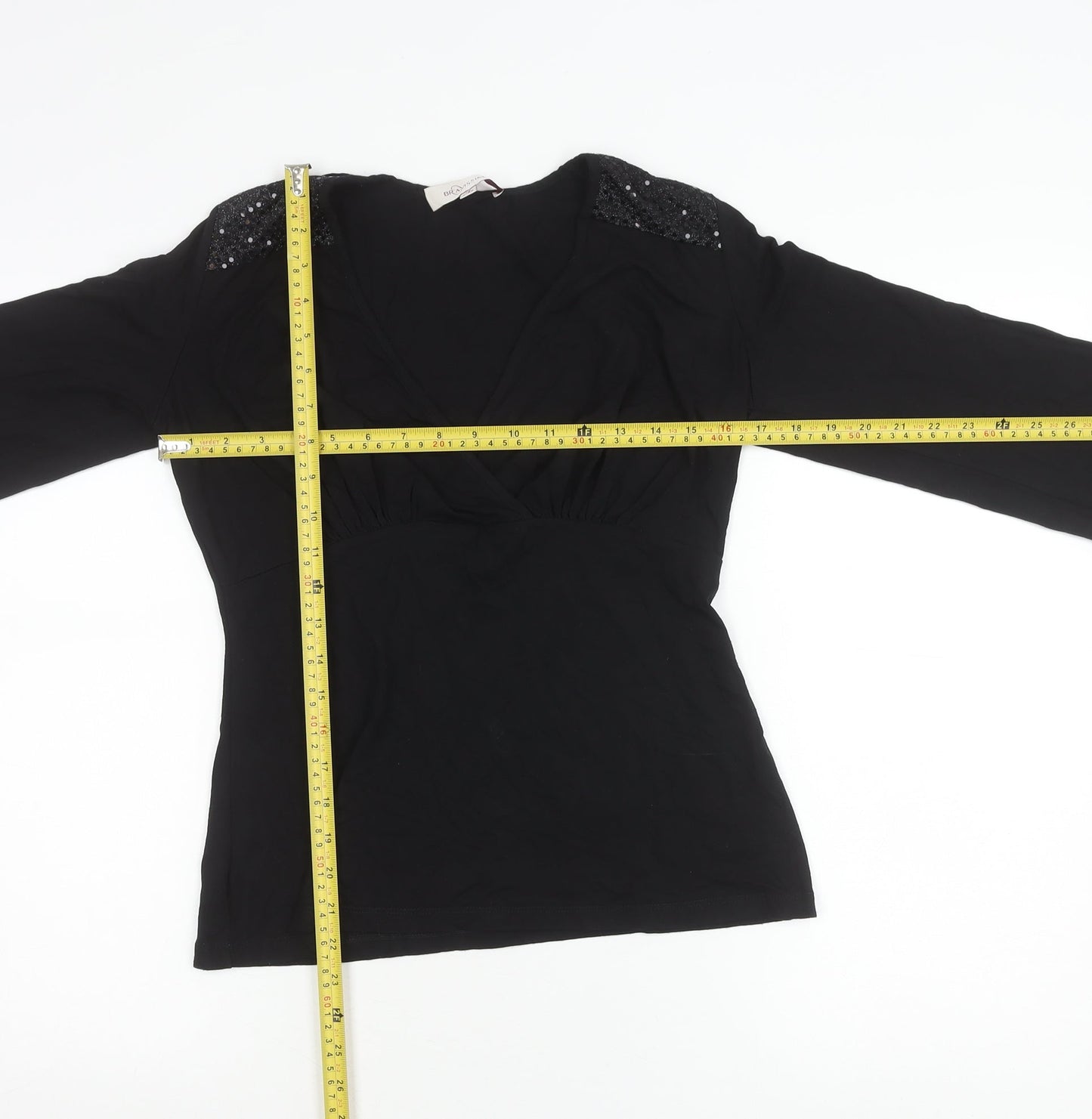 Bravissimo Womens Black Wrap Blouse Size 10 Long Sleeve Sequin Party Top