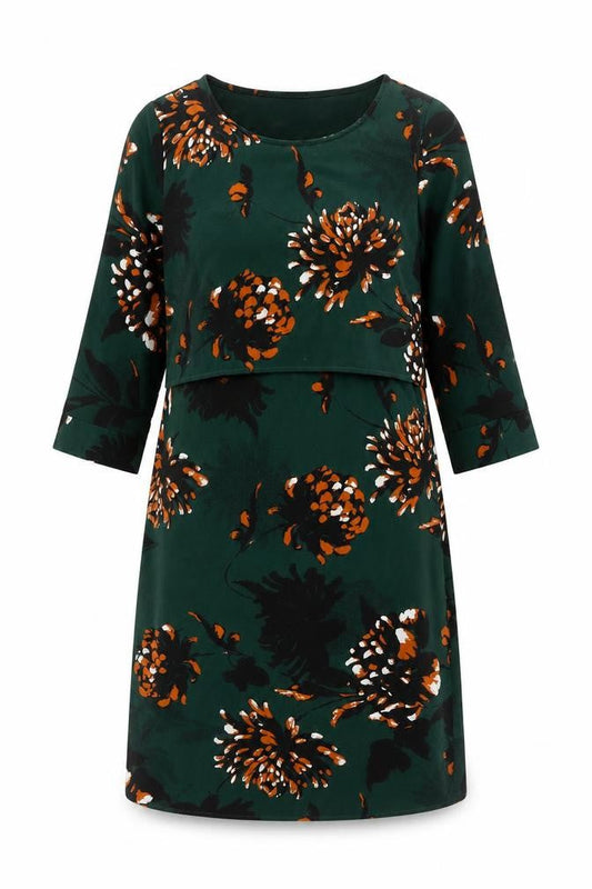 Mamalicious Women Green Floral Shift Maternity Dress Size M 3/4 Sleeve