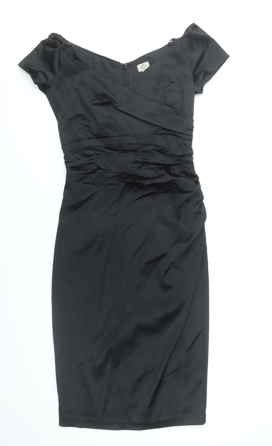 QDA Women’s Black Sheath Knee Length Off Shoulder Ruched Dress S
