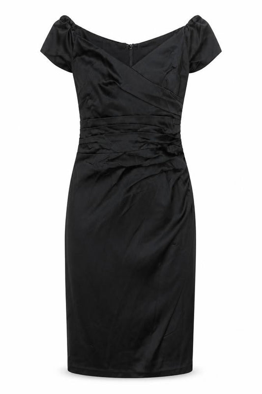 QDA Women’s Black Sheath Knee Length Off Shoulder Ruched Dress S
