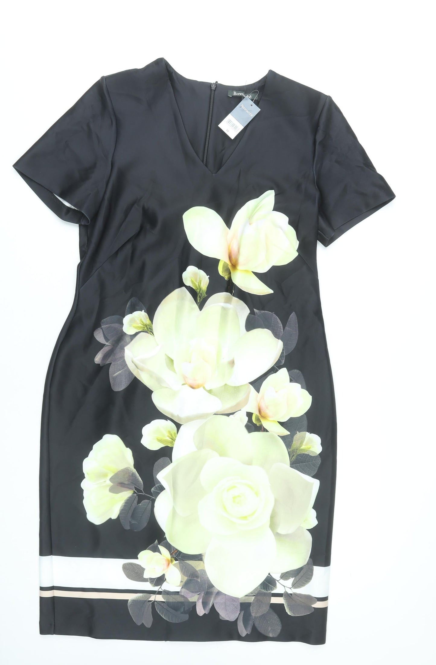Bonmarché Women Black Floral Sheath Dress Size 18 Short Sleeve V-Neck