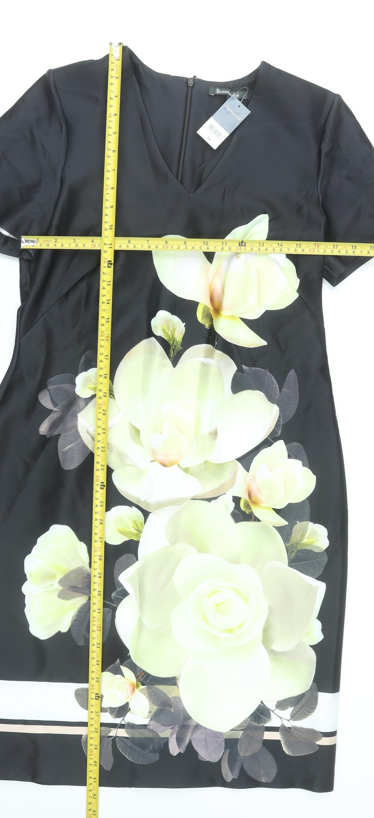 Bonmarché Women Black Floral Sheath Dress Size 18 Short Sleeve V-Neck