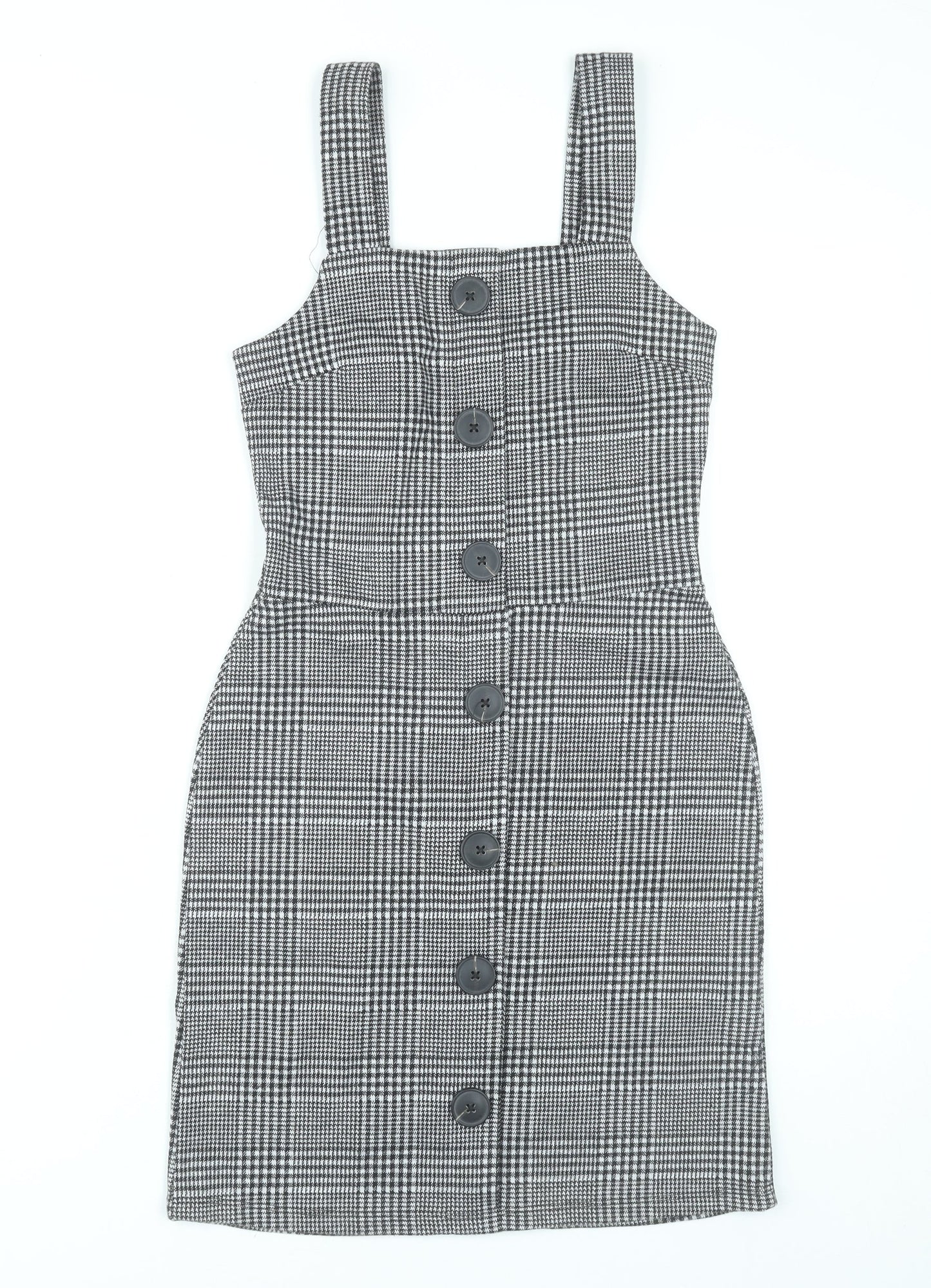 River Island Women Grey Check Pinafore Dress UK 6 Buttoned Workwear