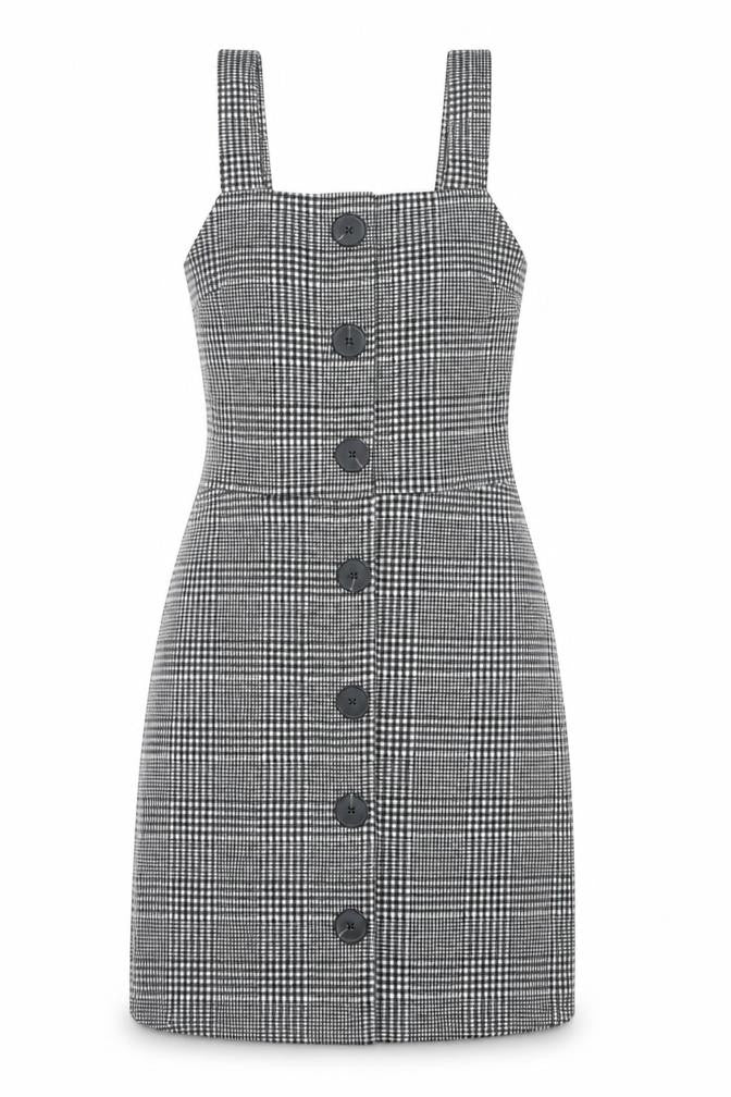 River Island Women Grey Check Pinafore Dress UK 6 Buttoned Workwear
