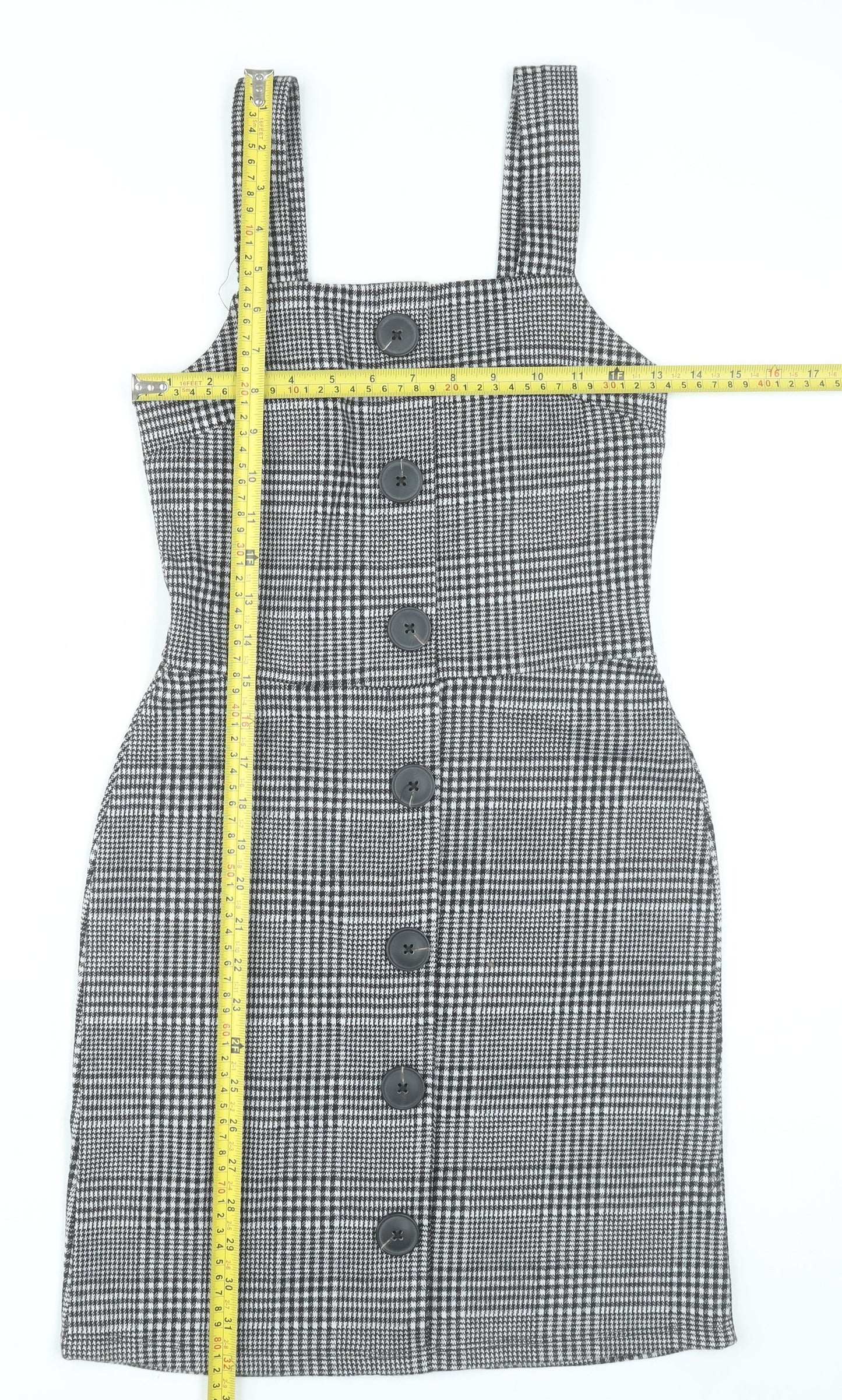 River Island Women Grey Check Pinafore Dress UK 6 Buttoned Workwear