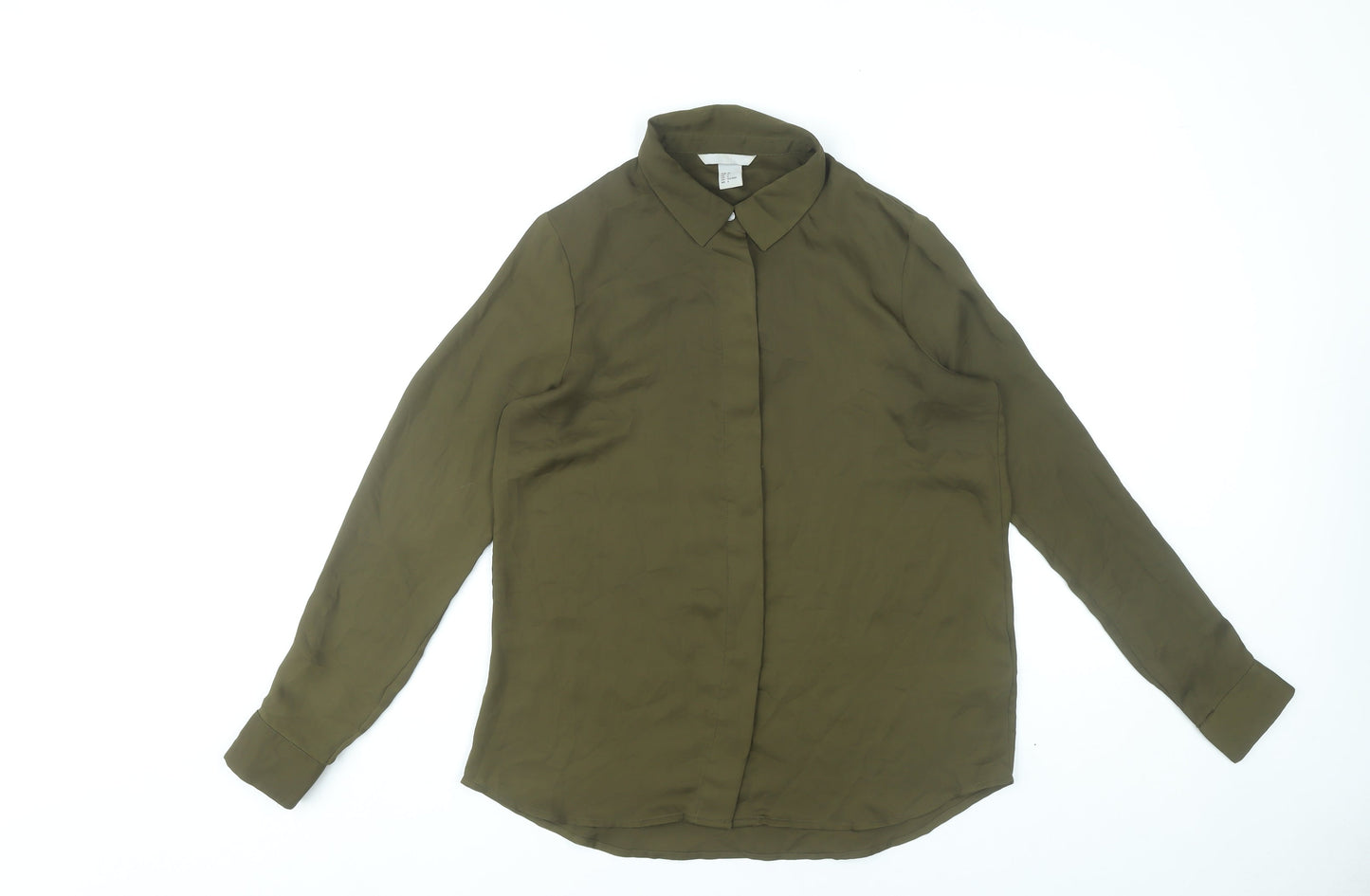 H&M Womens Green Button-Up Shirt Size 8 Long Sleeve Polyester