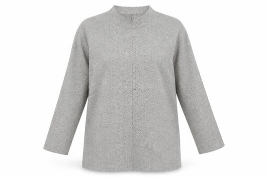 Front view of Masai Women’s Grey Herringbone Tunic Blouse, size S, Long Sleeve