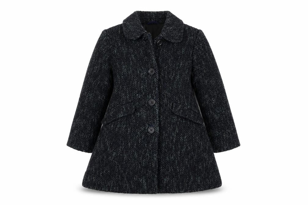 Maan Girls Black Wool Blend Herringbone Coat 6 Years Buttoned Mid-Length