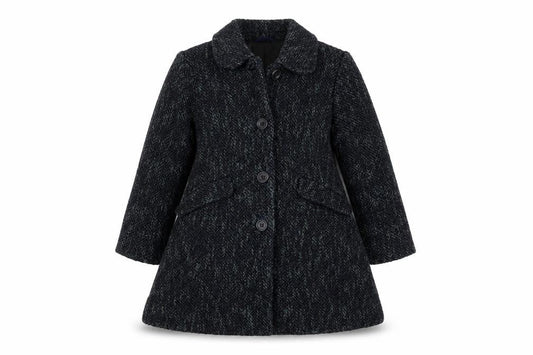 Maan Girls Black Wool Blend Herringbone Coat 6 Years Buttoned Mid-Length