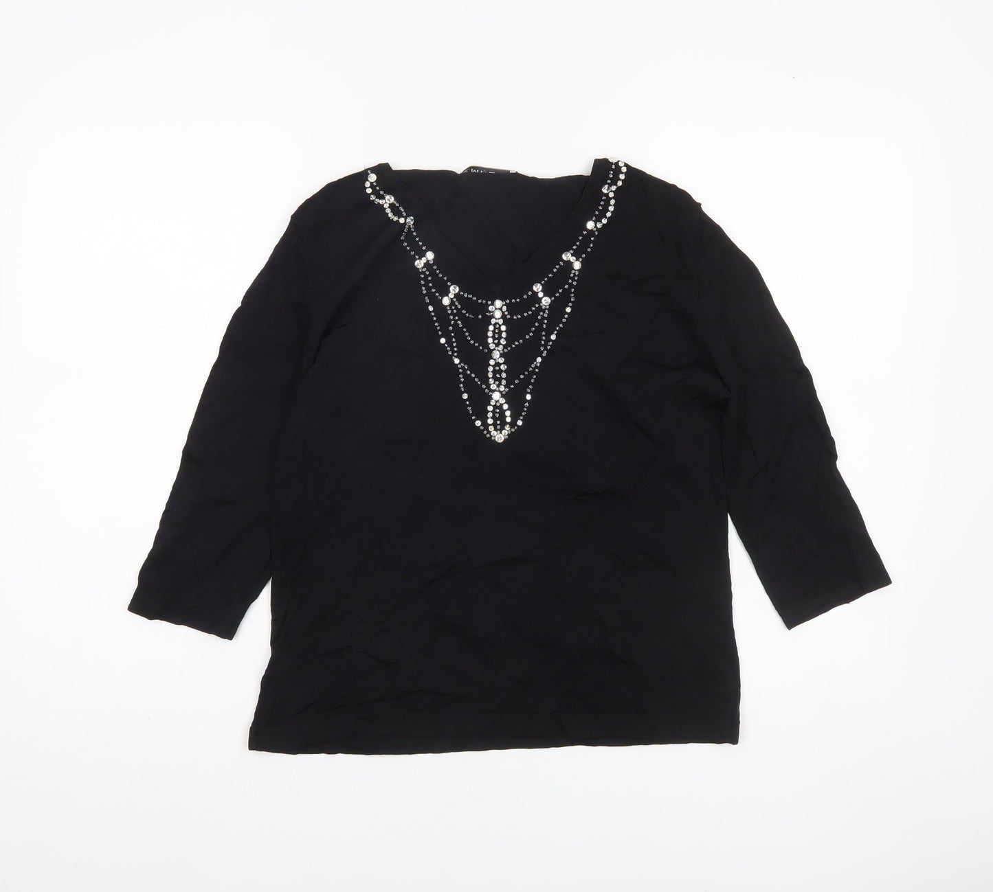 Emreco Women’s Black Beaded Tunic Blouse UK 12 V-Neck 3/4 Sleeve