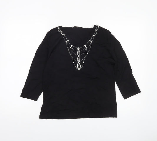 Emreco Women’s Black Beaded Tunic Blouse UK 12 V-Neck 3/4 Sleeve