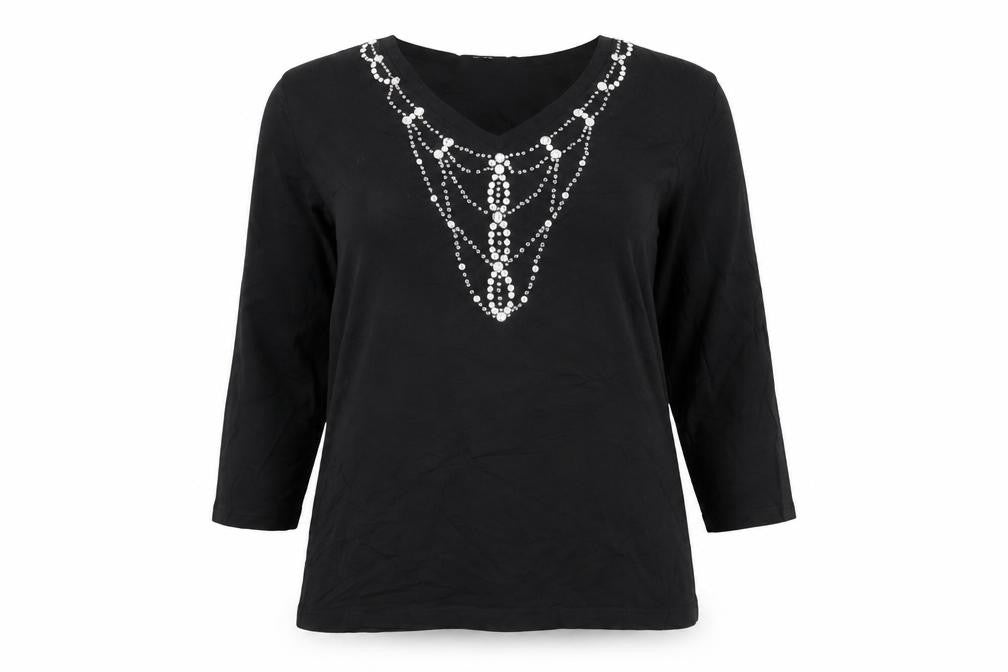 Emreco Women’s Black Beaded Tunic Blouse UK 12 V-Neck 3/4 Sleeve