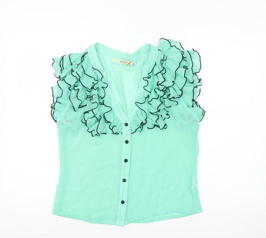Jaune Rouge Womens Green XL Ruffle Sheer Chiffon Blouse