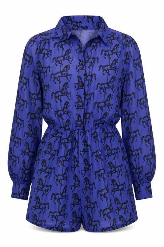 Oh My Love Women Blue Horse Print Playsuit Size S Long Sleeve
