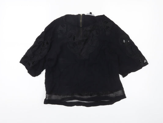 Warehouse Women's Black Embroidered 3/4 Sleeve Tunic Blouse UK 12
