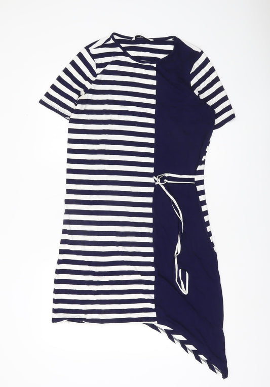Tu Women’s Navy White Stripe T-Shirt Dress Size 14 Asymmetric Belted