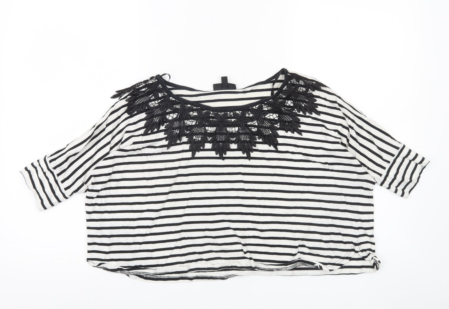 Topshop Women's Black White Striped Crochet Neck Blouse Size 8