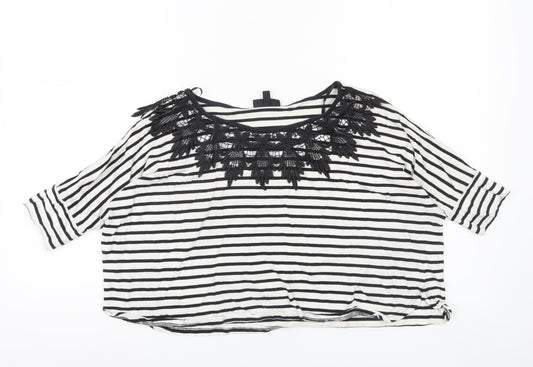 Topshop Women's Black White Striped Crochet Neck Blouse Size 8