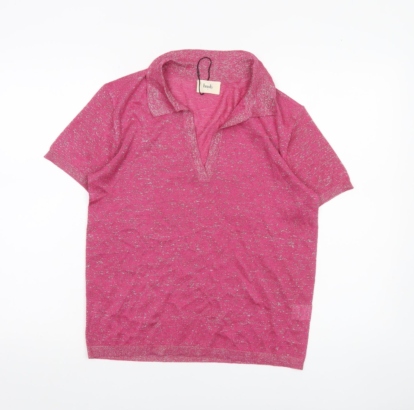 Hush Womens Pink Glitter Collared Polo Top Short Sleeve Size S