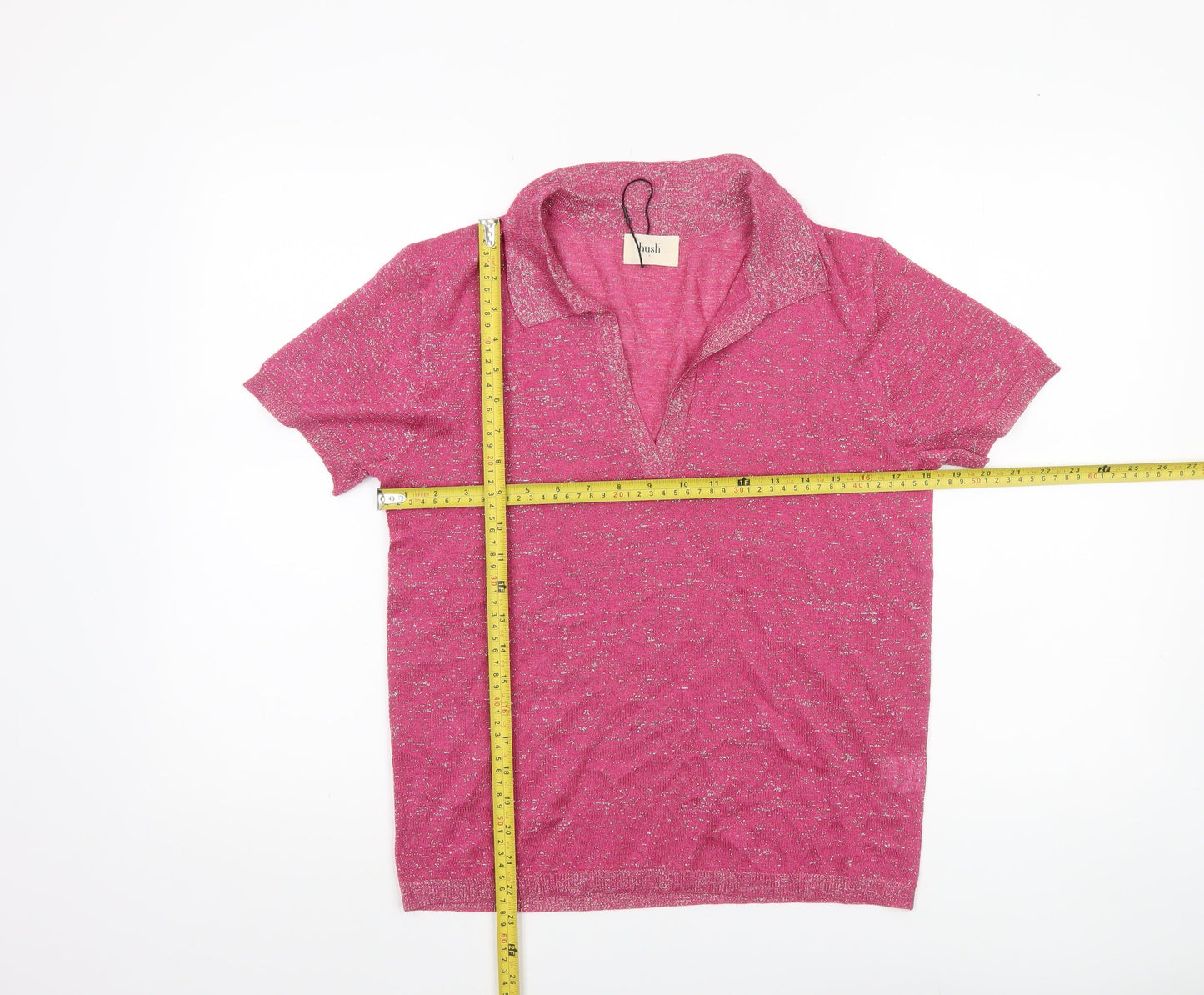 Hush Womens Pink Glitter Collared Polo Top Short Sleeve Size S