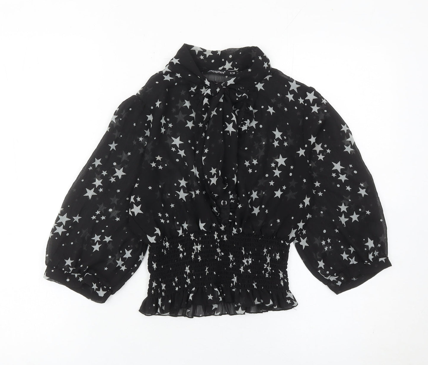 Atmosphere Womens Black Star Print Blouse Size 10 Balloon Sleeve Tunic