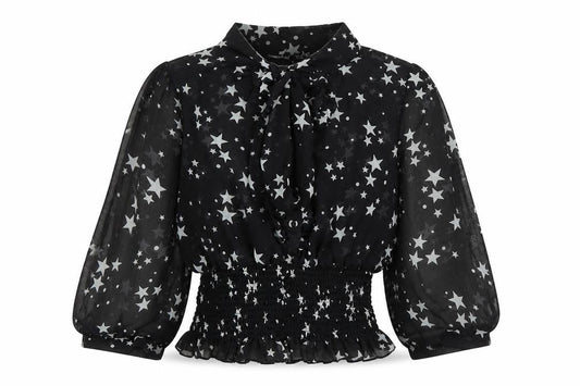 Front view of Atmosphere women’s black star print blouse, size UK 10, balloon sleeve tunic