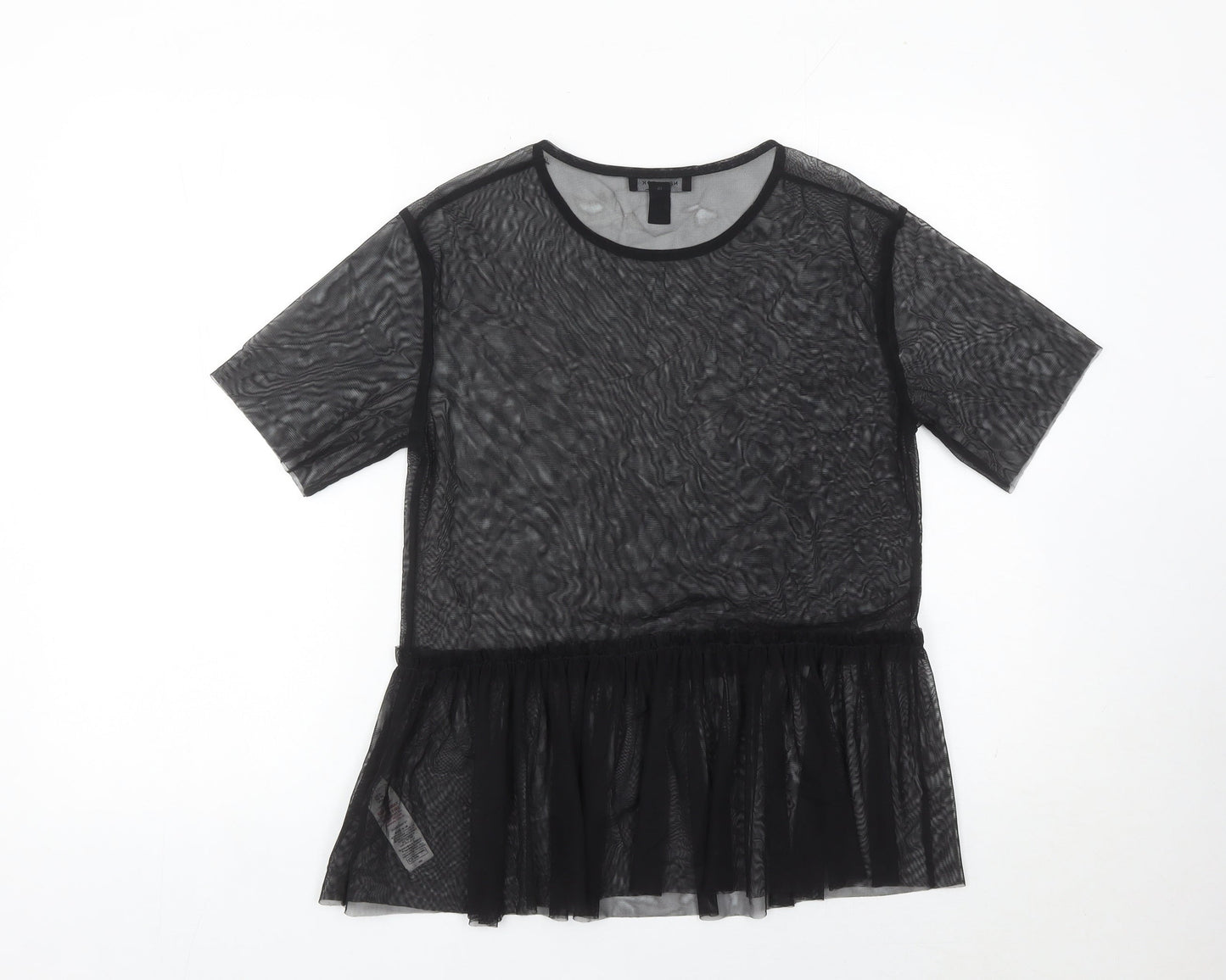 New Look Womens Black Size 8 Mesh Ruffle Hem Tunic Blouse